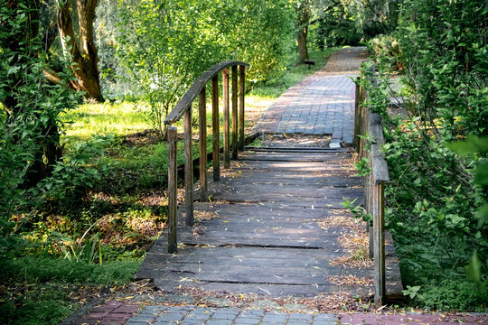 Wooden bridge in green park with pathway among trees and bushes cozy natural scene of summer day with soft sunlight