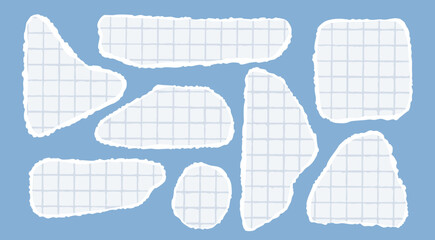 Checkered torn paper pieces. Ripped papers with rough edges. Different shapes, fragments. Collage, sticker note, reminder, banner concept. Hand drawn Vector illustration. Isolated design elements 