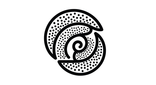A black and white illustration of a koru design showcasing a swirling organic shape with dotted patterns