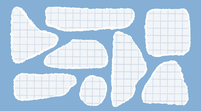 Checkered torn paper pieces. Ripped papers with rough edges. Different shapes, fragments. Collage, sticker note, reminder, banner concept. Hand drawn Vector illustration. Isolated design elements 
