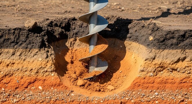 Auger drilling into layered soil cross-section, revealing earth strata and geological layers
