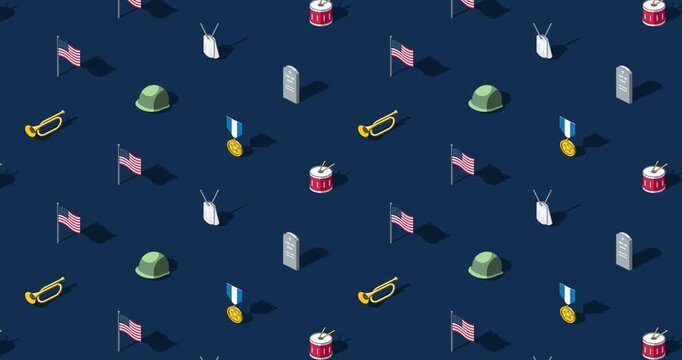 Memorial day motion graphic loop of military themed isometric icons