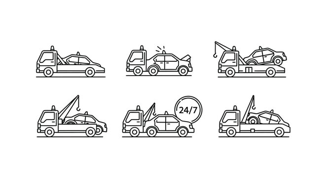 A series of linear tow truck illustrations depicting vehicle recovery and roadside assistance services