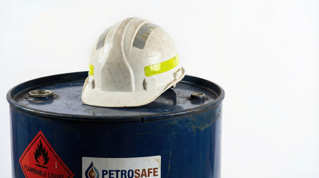 Oil barrel supply with safety helmet on top showing industrial protection and flammable liquid hazard for secure work