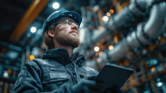Industry Professional at Work: A focused industry professional, clad in protective gear, navigates the complex machinery, embodying the dedication and expertise required in the industrial field.