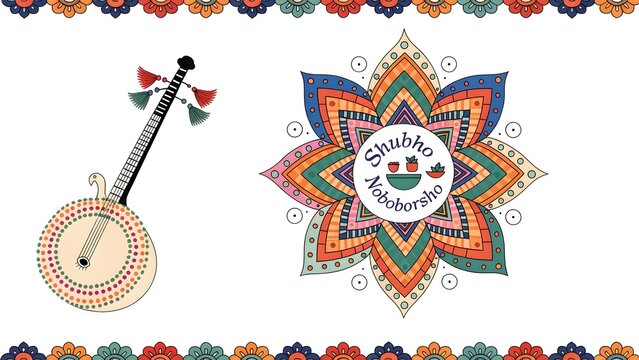 Bengali New Year Greeting Card Design with Dotara Instrument and "Shubho Noboborsho" Mandala