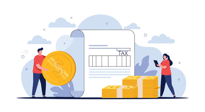 Team of professionals managing financial taxes with giant coins and a large paper document in a flat vector style.