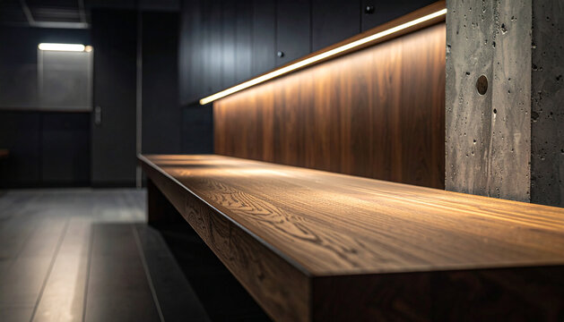 Polished dark oak wood bench in professional soccer locker room with warm lighting