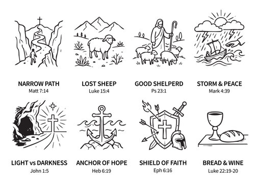 Christian Bible stories and parables illustration set showing faith journey concepts
