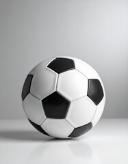 Naklejka premium Extreme macro close up of classic black and white leather soccer ball with copy space for sports advertising