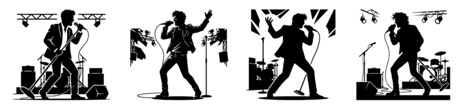 Singer silhouette man with microphone rock stage performance concert band music show illustration guitar drums lights icon black