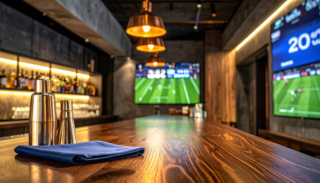 Empty wooden counter in sports bar with blurred soccer match on TV screens and copy space for product display