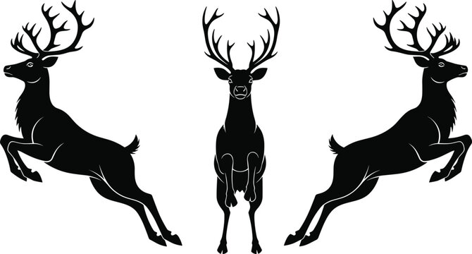 Black Deer Vector Illustration &ndash; Leaping and Running Deer with Majestic Antlers for Wildlife and Nature Art