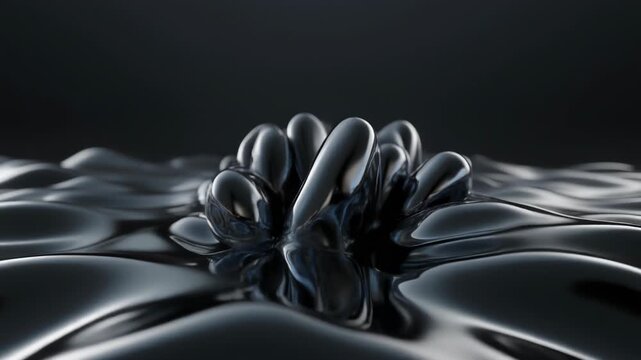 Glossy black liquid blobs on reflective dark texture background