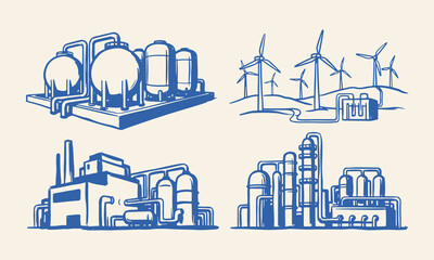Obraz premium Hand Drawn Industrial Plant and Wind Turbine Silhouette Vector Illustration Set with Factory Energy Production and Infrastructure Design.