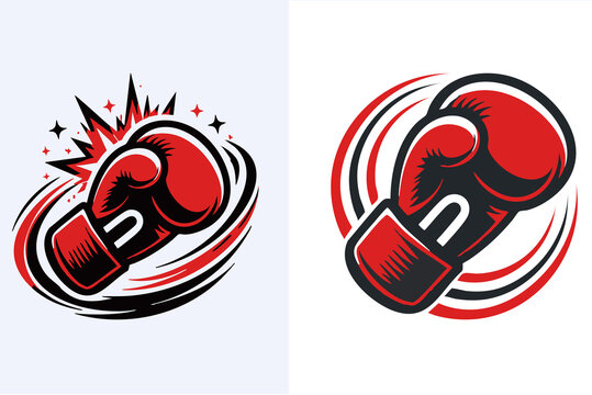 Modern Boxing Glove Logo Set with Dynamic Motion Swirl in Red and Black Vector Style