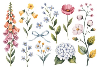 Fototapeta premium Watercolor floral set with foxgloves yellow bell flowers forget me nots hydrangea and blue ribbon on white background