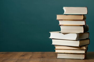 Fototapeta premium Stack of books stacked on wooden table against teal wall