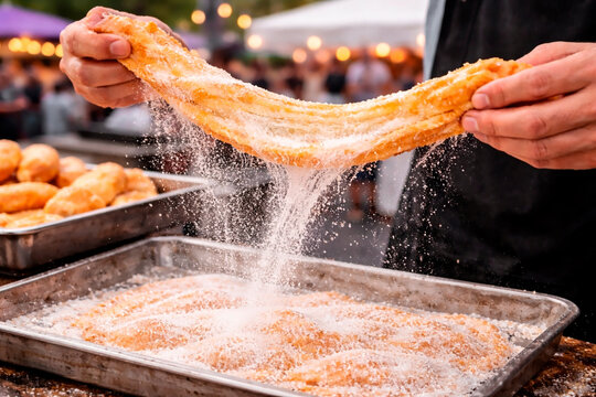 Fresh fried churro being tossed in sugar at an outdoor street food festival