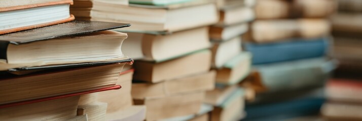 Fototapeta premium Piles of assorted books stacked on shelf in indoor environment