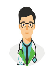 Fototapeta premium Male doctor portrait wearing white coat and stethoscope, professional healthcare worker character vector illustration.
