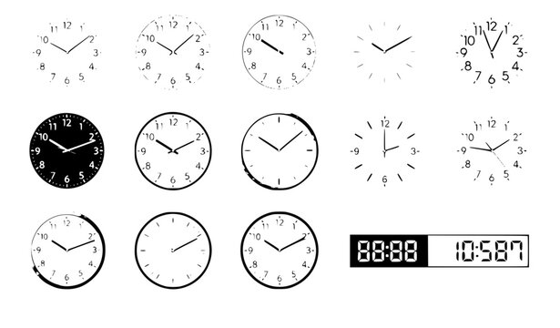 Realistic wall office clock face set with black and white dials and clear numbers isolated on white background vector