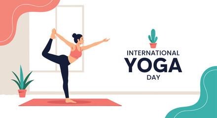 Fototapeta premium Healthy woman practices the Lord of the Dance yoga pose on a pink mat in a bright room during International Yoga Day celebration.