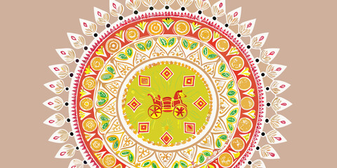 Fototapeta premium An ornate colorful mandala design features a horse drawn carriage motif