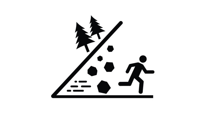 Minimalist vector graphic icon depicting a person escaping from a dangerous rock fall in nature outdoors