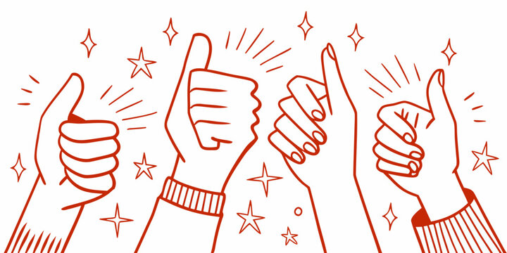 Five hands giving thumbs up signs surrounded by sparkling stars