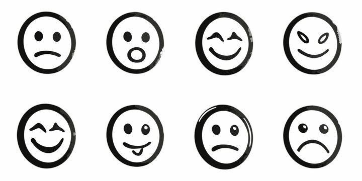 Eight hand drawn black and white face icons displaying various emotions