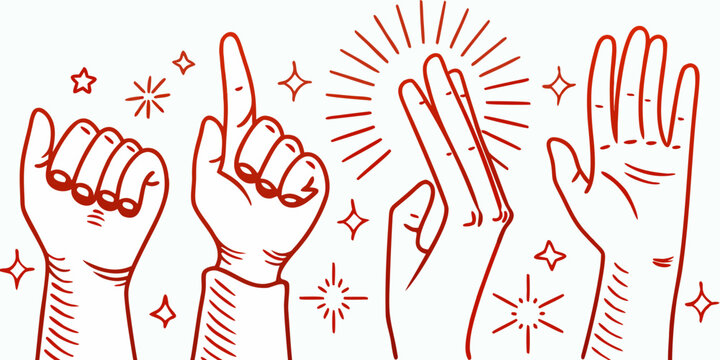 A collection of hands making different sign language gestures in red