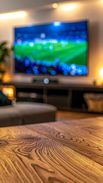 Empty wooden table surface mockup with blurred living room and soccer match on TV background