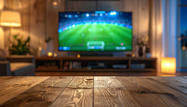 Empty wooden table surface mockup with blurred living room and soccer match on TV background