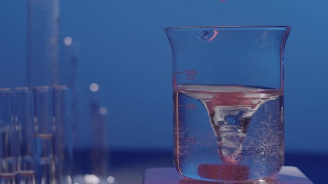 Adding Reagent with Weighing Paper to Liquid Stirring in Glass Beaker, Static Shot (High Frame Rate 120fps)