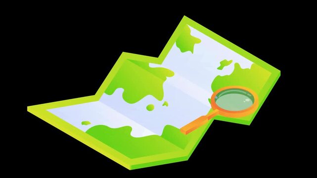Animated 3D map with magnifying glass and location pin