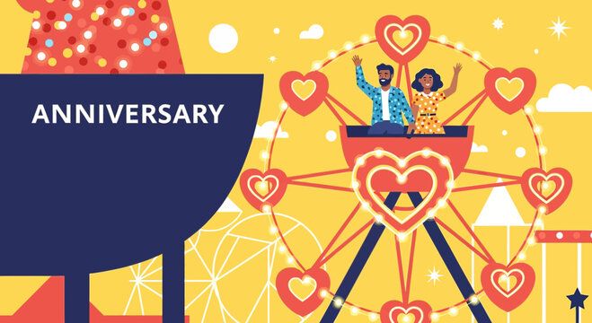 Couple celebrating anniversary on ferris wheel with heart decorations