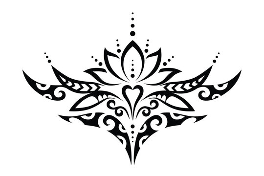 Intricate tribal lotus illustration combining Polynesian Maori patterns with ornamental tattoo style. Symmetrical black line design with decorative elements and spiritual symbolism, suitable for tatto