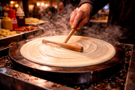 Street food vendor spreading crepe batter on a hot griddle with a wooden T-spreader