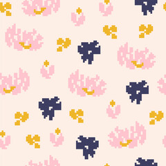 Naklejka premium A pixelated seamless vector pattern in blush pink, mustard yellow and navy blue on warm cream background with abstract floral motifs