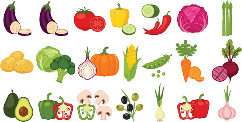 Fototapeta premium Organic vegetable vector icon collection. Large set of flat illustrations including eggplant, broccoli, avocado, pumpkin, asparagus, and peppers for healthy food design.