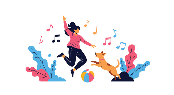 Happy young woman jumping and dancing joyfully with her dog while listening to music with floating notes background.