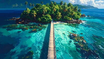 Naklejka premium Tropical Paradise Island with Wooden Pier in Anime Style