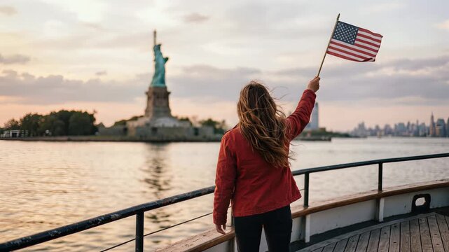 Woman Holding US Flag Looking at Statue of Liberty from Boat at Sunset Loop