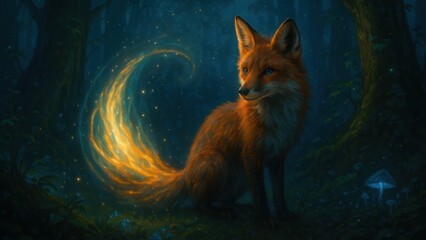 Obraz premium Enchanted fox glowing forest desktop wallpaper