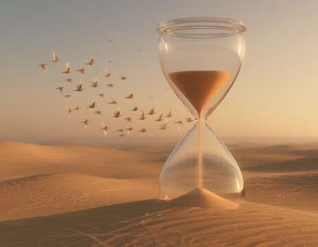 Hourglass on sandy desert landscape background.