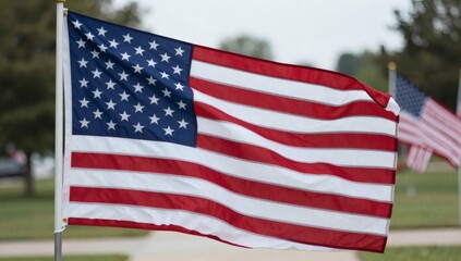 Obraz premium American flags wave proudly against a blurred green backdrop on a cloudy day