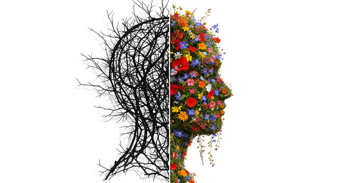 Mental Health Concept with Flower and Thorn Head Silhouette | Symbolic Human Profile Representing Depression and Healing | Duality of Mind with Floral Growth and Dark Branches | Recovery Journey