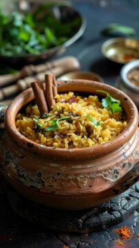 Close up of a person squeezing fresh citrus juice over aromatic yellow rice biryani served in a traditional clay pot.