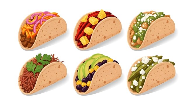 Set of six different tacos with various fillings and toppings